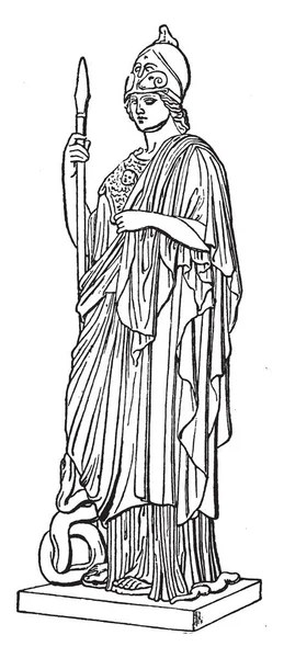 Statue Wisdom Goddess Athena Spear Vintage Line Drawing Engraving Illustration — Stock Vector
