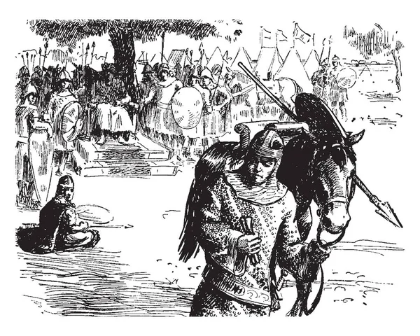 国王坐在椅子上 他的士兵与长矛和盾牌站在他附近 一个男人与马走离他 复古线条画或雕刻插图 — 图库矢量图片