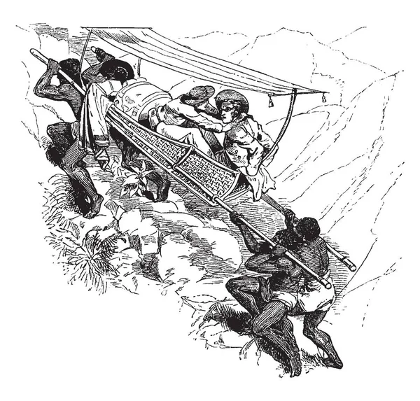 山岳地帯 ビンテージの線描画や彫刻イラスト上セダン椅子に二人を運ぶ男性の つの輿 — ストックベクタ