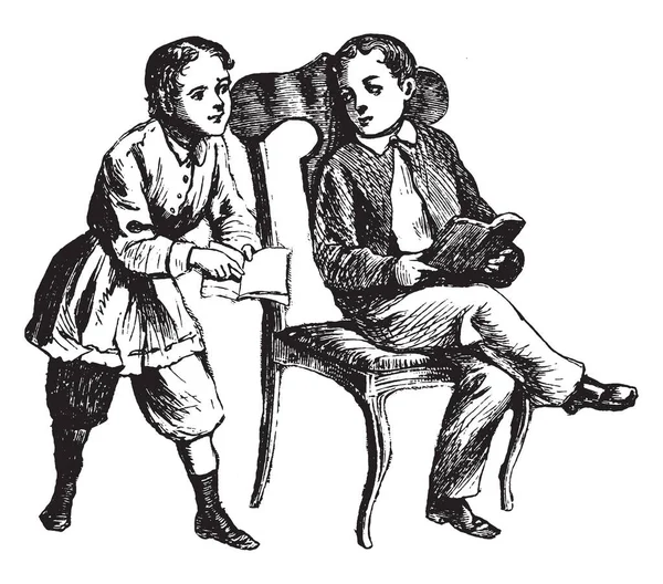 Děti Čtení Kniha Kluk Židli Dívka Aktivita Vintage Kreslení Čar — Stockový vektor