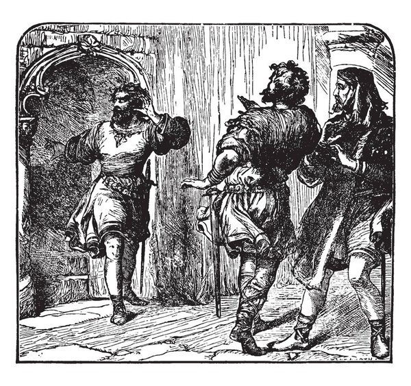 Discovery of Duncan's murder, this scene shows two soldiers standing nearby and another soldier walking towards them, vintage line drawing or engraving illustration