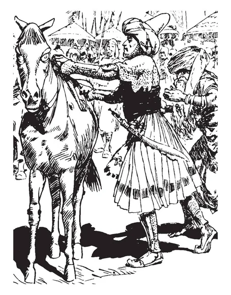 プリンス このシーンを示しています彼の馬と兵士彼は ヴィンテージの線画の周りに立ってやイラストを彫刻王子 — ストックベクタ