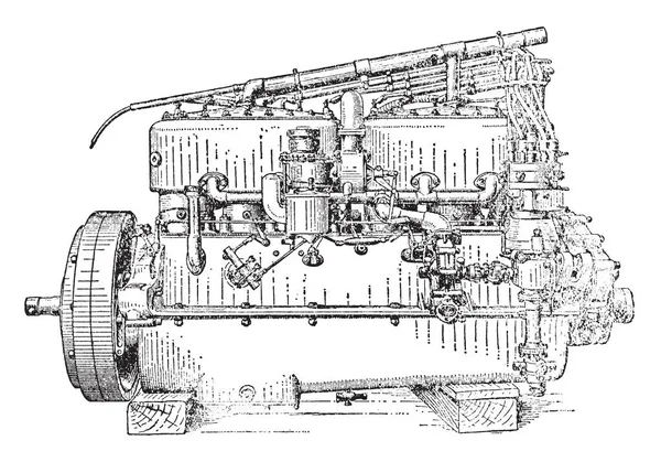 化油器侧视图六缸劳斯莱斯发动机用于混合空气和燃料在发动机 复古线绘图或雕刻插图 — 图库矢量图片