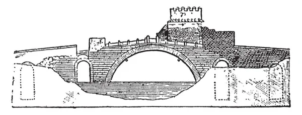 ポンテ サラリオ橋はローマ時代 ヴィンテージの線描画や彫刻イラストにさかのぼるローマ イタリアの道路橋 — ストックベクタ