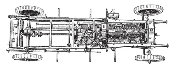 この画像はトップ シリンダー 1910 ビュー ロールス ロイス シャシー エンジンと車軸 ビンテージの線描画や彫刻イラストを表します — ストックベクタ