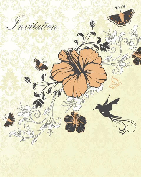 華やかなエレガントなレトロな抽象的な花柄 光のオレンジ色のグレーと白の花の鳥蛾とテキスト ラベルの淡い緑と白背景の葉とビンテージの招待状 ベクトル図 — ストックベクタ