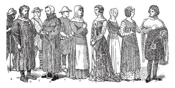 Angleterre Xive Siècle Mode Costume Porté Par Homme Barbu Avec — Image vectorielle