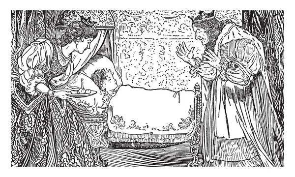 ベッド キング クイーン ベッドの近くに立って 見ている子 ビンテージの線描画や彫刻イラストを保持している女王で眠っている子供 — ストックベクタ
