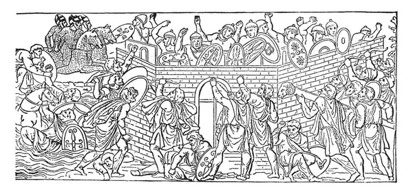 Иллюстрация Представляет Собой Осаду Дакийского Города Рисунок Винтажных Линий Гравировку — стоковый вектор