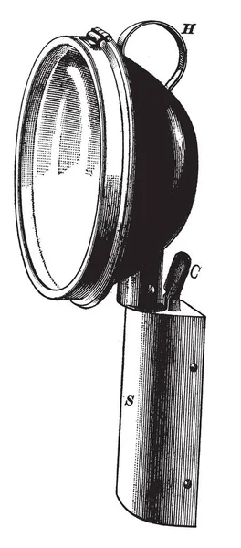 在二十世纪初 通常会在手推车上看到的引擎盖灯 复古线条绘制或雕刻插图 — 图库矢量图片