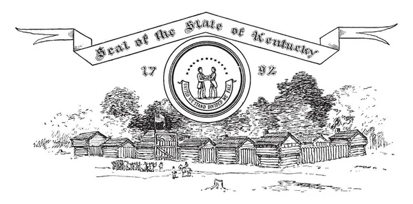 1792年 美国肯塔基州的印章显示 两个男人 一个穿着鹿皮 另一个穿着正式的衣服 他们面对对方 紧握双手 下面看起来像小镇 有骑马 复古的线条画或雕刻插图 — 图库矢量图片