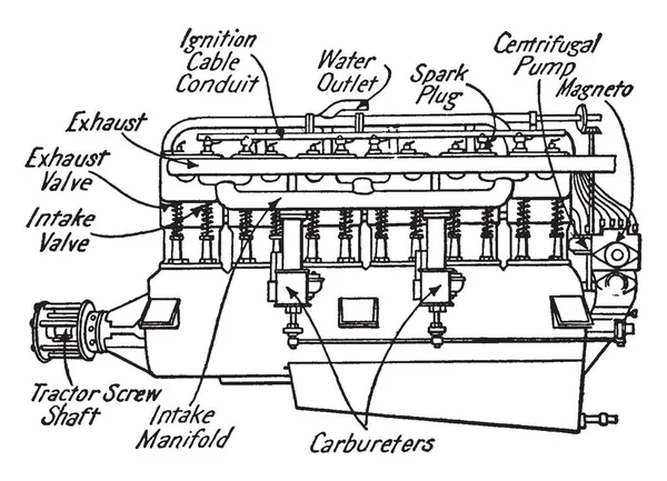 Illustration Represents Function Six Cylinder Vertical Type Motor Vintage Line — Stock Vector