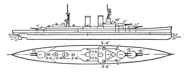 British Navy Hood Battle Cruiser Used Torpedo Destroyer Vintage Line — Stock Vector