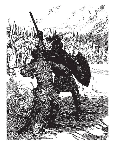剣と盾 ビンテージの線描画や彫刻イラストで馬に槍を持つ兵士のグループと戦うふたりの兵士 — ストックベクタ