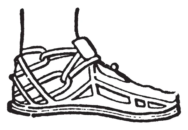 Sandalo Una Protezione Piede Disegno Linea Vintage Incisione Illustrazione — Vettoriale Stock