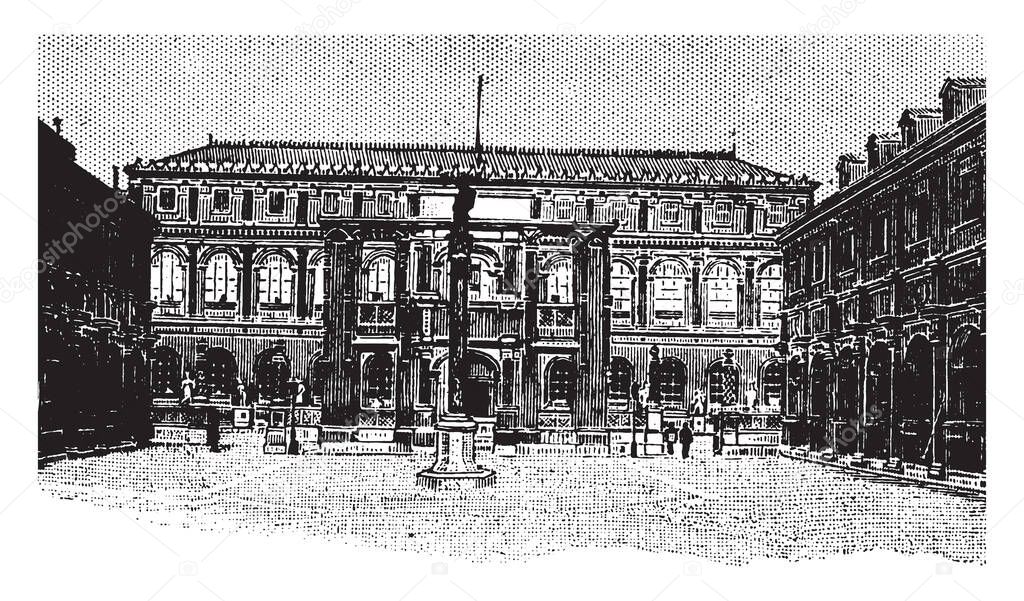Ecole des Beaux-Arts Courtyard, The center of the courtyard, a complex of buildings, the famed French Academy, vintage line drawing or engraving illustration.
