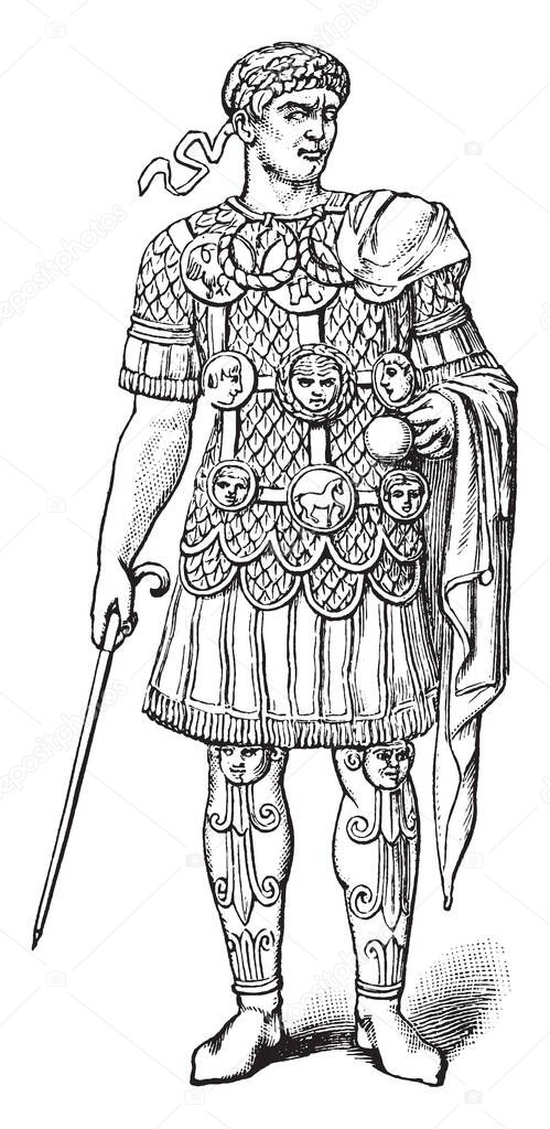 Roman Centurion was a low-to-middle ranking officer in charge of a century, vintage line drawing or engraving illustration.