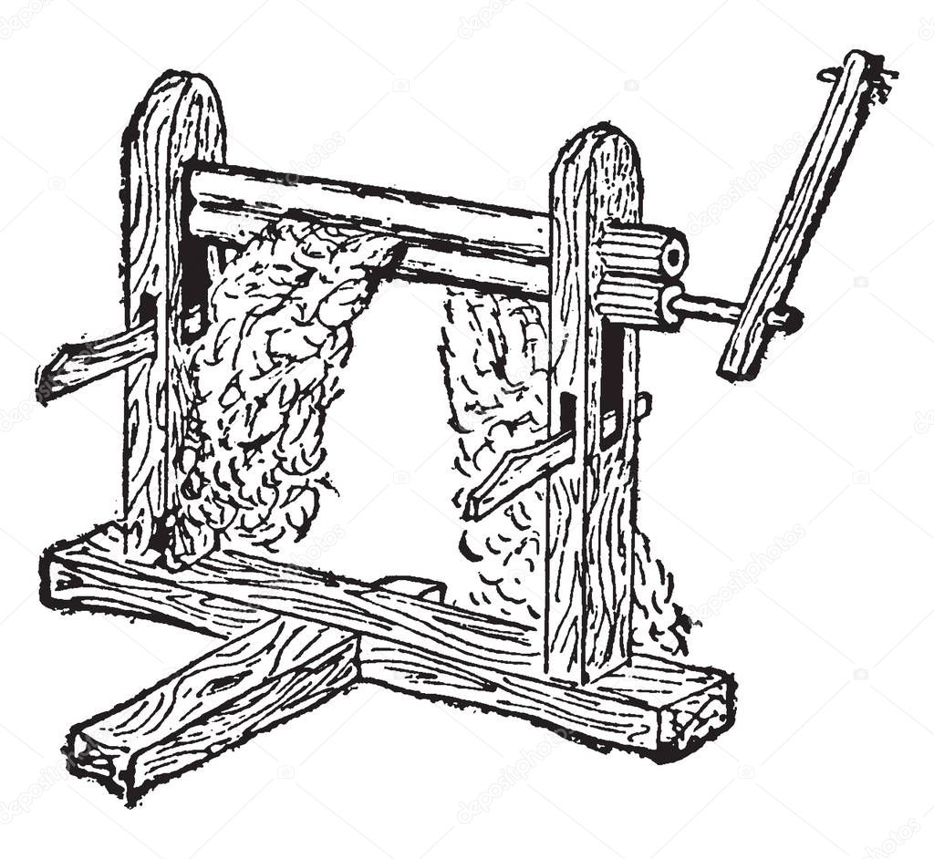 This illustration represents Churka Gin which is a machine that quickly and easily separates cotton fibers from their seeds, vintage line drawing or engraving illustration.
