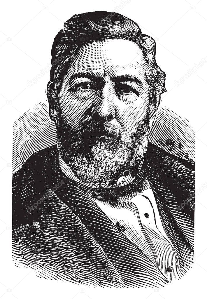 James G. Blaine, 1830-1893, he was an American statesman, politician, U.S. senator from Maine, and speaker of the U.S. house of representatives, vintage line drawing or engraving illustration