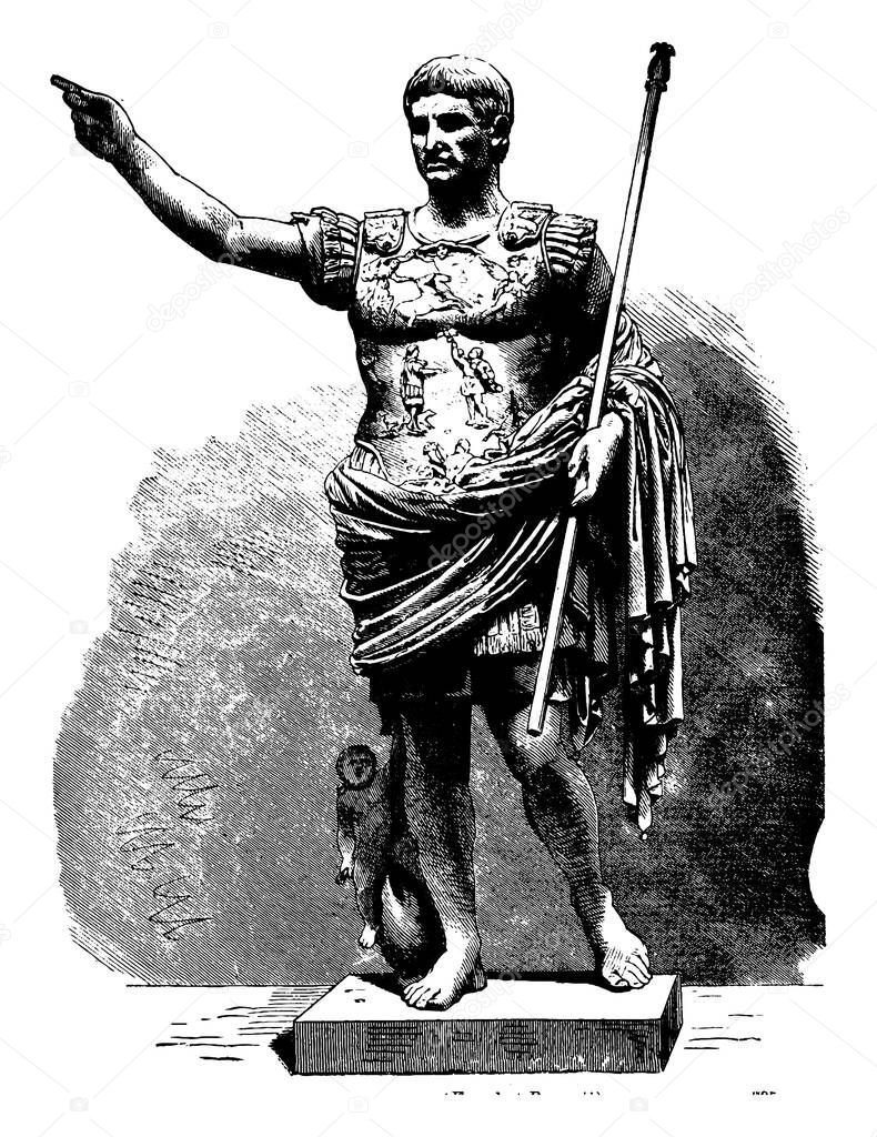 Augustus Caesar, 63 BC-AD 14, he was the  founder of the Roman Principate and the first Roman emperor, vintage line drawing or engraving illustration