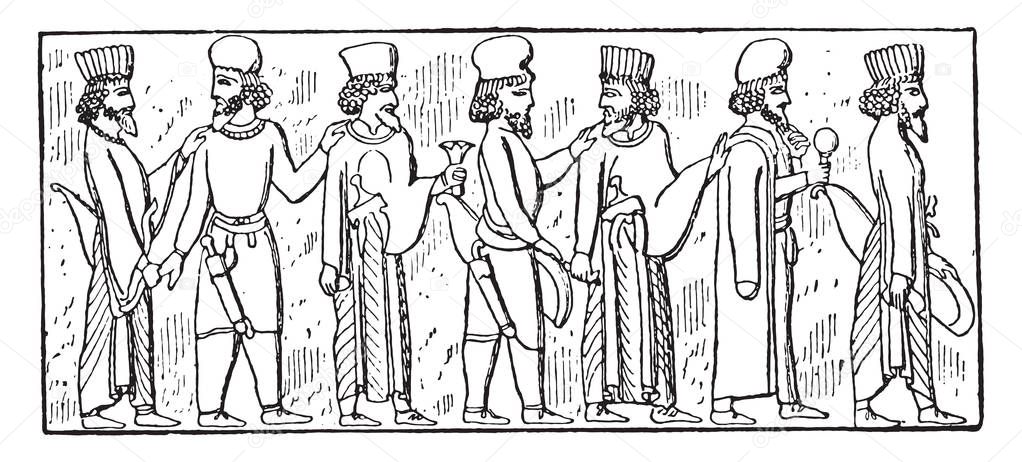 Dependent people (Bas-relief of Persepolis), vintage engraved illustration