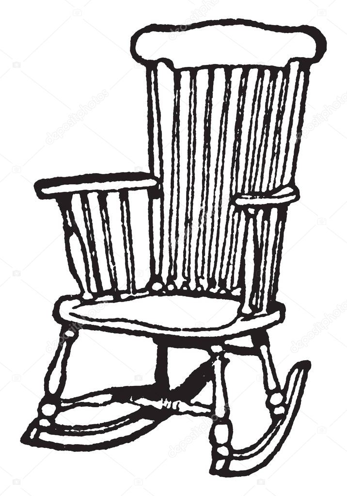 Rocking chair with curved wooden bands on each side connecting the legs, vintage line drawing or engraving illustration