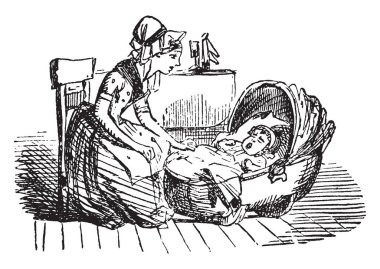 Hush-a-bye, bu sahneyi bebek beşiği, beşik ve bebek, vintage çizgi çizme veya oyma illüstrasyon bakıyor yakın sandalyede oturan bir Bayan gösterir