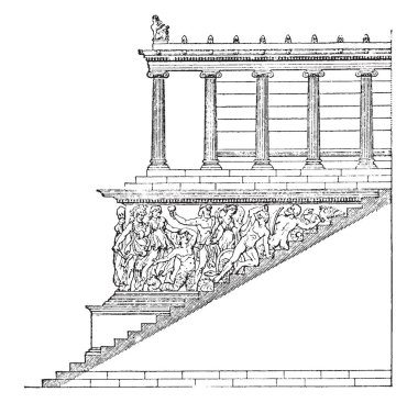 Pergamon, merdiven büyük sunak, Pergamon Antik Yunan'da sunakta friz bir friz friz bir heykel baştaban, vintage çizgi çizme veya oyma illüstrasyon gösterir.