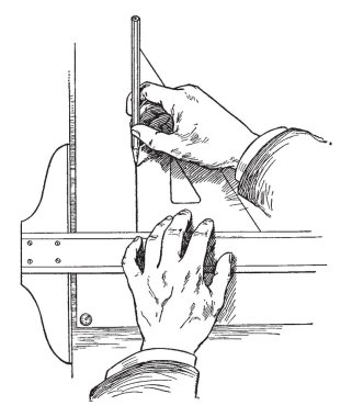 Dikey çizgiler kullanarak çizim bir T-square ve bir üçgen düzenlenen sürekli yatay çizgiler çizmek ve başparmak ile çalışma kenar, vintage çizgi çizme veya oyma illüstrasyon.