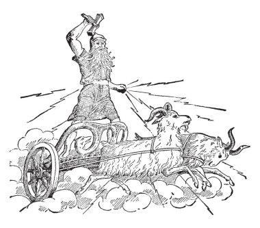 Thor riding his brass chariot drawn by his goats, Tooth-cracker and Tooth-gnasher. He is seen carrying his red hot iron hammer. Thor is believed to be the Norse god of thunder, vintage line drawing or engraving illustration. clipart