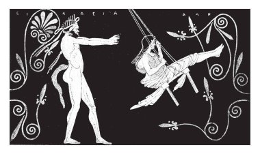 Bu çerçevede bir kadın onun ışımalar ona arkasında oturuyor kanca ve adam ayakta vintage satır çizim veya gravür illüstrasyon.