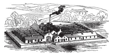 Bu resimde ağaçların çiftlik evi, vintage çizgi çizme veya oyma resimde arka tarafında mevcuttur.