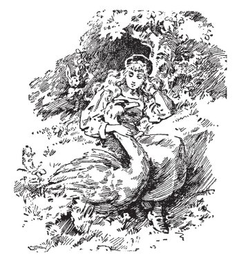 Elsa ve kuğuları, bu sahneyi bir oturmuş kız kuğu ile orman, o el, vintage çizgi çizme ya da oyma illüstrasyon Kuğu boynu tutarak gösterir