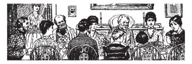 Maggie Tulliver, Erkek, kadın ve çocuk yemek masada oturma ve yemek, eller, vintage çizgi çizme ve gravür illüstrasyon hizmetçi taşıma tepsisinde sahip bu sahne gösterir