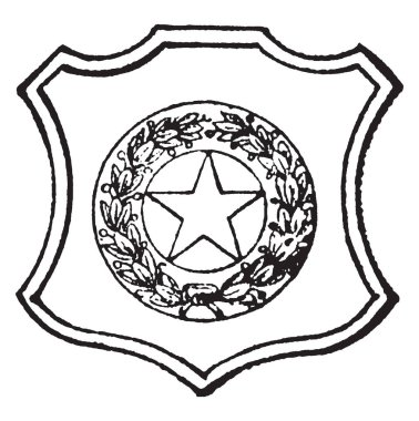 Teksas Eyaleti 1890 mühür, kalkan şekli mühürü beş puan yıldızın ortasında vardır, bir yıldız ağacı, vintage çizgi çizme veya oyma illüstrasyon dalları tarafından çevrili 