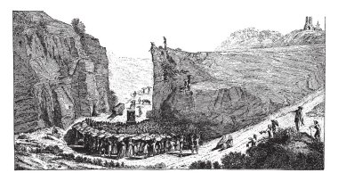 Protestan içinde belgili tanımlık vahşi venerating dini yürütme, bazı insanlar uzak tutmaya Hıristiyanlar ile şemsiye'nın ayakta duruyorlar, dua olacak büyük dağ, vintage çizgi çizme veya illüstrasyon oyma için.