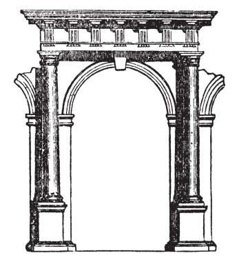 Dorik Arcade, sütun, Dorik, geçit, vintage çizgi çizme veya oyma illüstrasyon