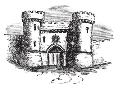 Barbican, castle, drawbridge, Fortify, Watchtower, vintage line drawing or engraving illustration clipart