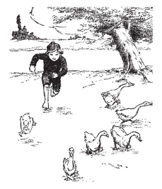 Bu sahneyi kafasına kuş çalışan toprak, ağaç arka plan, vintage çizgi çizme veya oyma illüstrasyon kap ile küçük bir çocuk öncü, gösterir