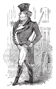 Şapkalı kafa, vintage çizgi çizme veya oyma illüstrasyon iyi giyimli giysili bir adam