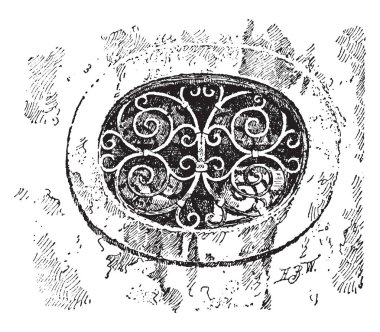 Izgara bir ajur veya ızgara ve metal çubukları veya teller, önünde bir şey koruma ve havalandırma veya gizli gözlem, vintage çizgi çizme veya oyma illüstrasyon yerleştirilir.