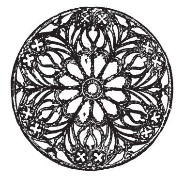 Gül pencere mullions tarafından bölmeleri bölünmüş bir formda bir gül illüstrasyon oyma ya da dairesel bir pencere, vintage çizim için uygulanan, müstehcen yayılan.