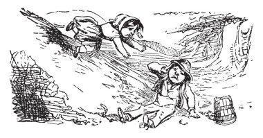 Jack ve Jill, küçük çocuk bu sahne gösterir ve küçük kız tepeye gitti, küçük çocuk düştü ve kova elinden düştü, sonra vintage çizgi çizme yuvarlanan veya illüstrasyon oyma küçük kız düştü