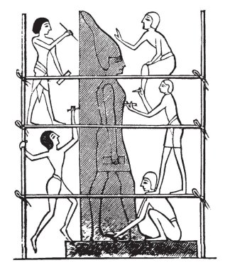 Mısır Heykeltraşlar mumya veya Sfenks, vintage çizgi çizme veya oyma illüstrasyon heykeli yapmak birçok kişi gösteriliyor.