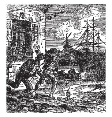 Cesur teneke asker adam koşuyor ve başka bir adam onu tutmaya çalışırken gemi arka plan, vintage çizgi çizme veya oyma illüstrasyon bir bu sahne gösterir