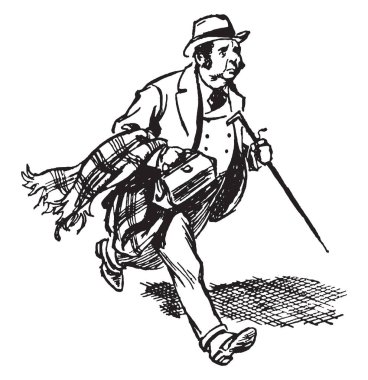 Küçük çanta ve baston olan bir adam çalıştıran, vintage çizgi çizme veya illüstrasyon oyma