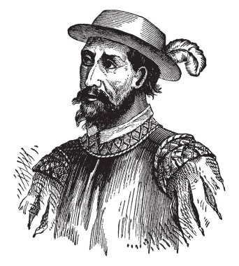 Ponce de Leon Porto Riko ve explorer, vintage çizgi çizme veya oyma illüstrasyon İspanyol askerin valisi olan.
