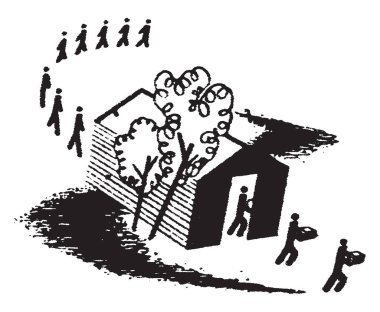 Girme ve çizgi, vintage çizgi çizme veya oyma illüstrasyon inşaat çıkarken erkek