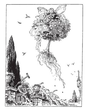 Bir peri ve bir ağacın altında oturup bir genç kız ve sökülmüş ve uçan kuşlar, vintage çizgi çizme veya illüstrasyon oyma havadaki uçan