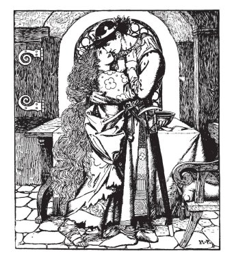 Prenses onun kollarında tutan Prens, Prenses uzun saç, vintage çizgi çizme veya oyma illüstrasyon vardır